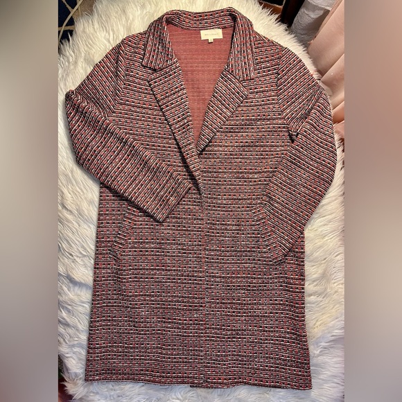Melloday Red White Navy Textured Knit Tweed Open Front Long Blazer Size Small - Picture 10 of 10
